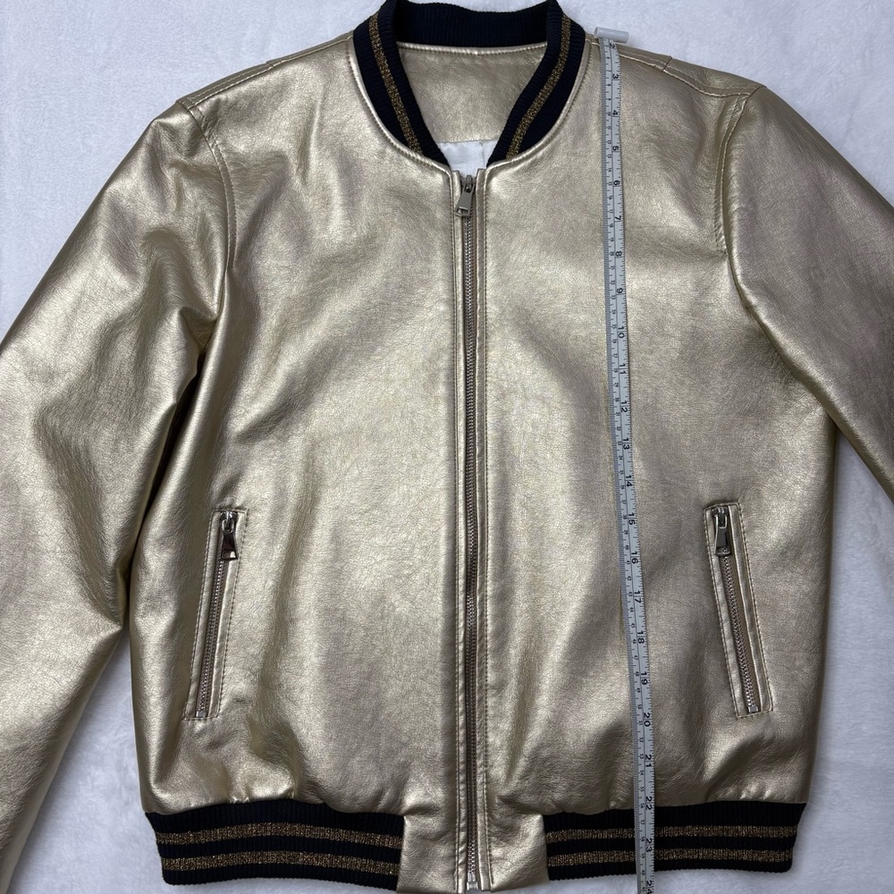 Gold Metallic Bomber Jacket — Full Zip, Rib Trim, Size M (Measurements Included) - Picture 6 of 6